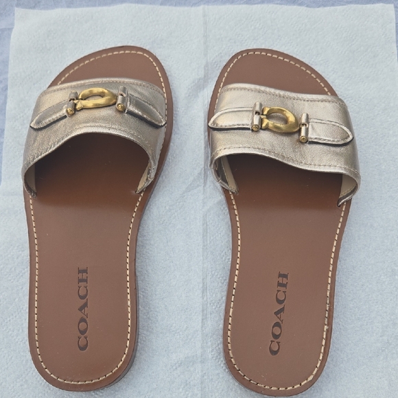Coach Women's Metallic Gold Slide Sandals - Picture 1 of 16